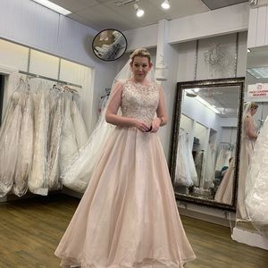 David Tutera Mon Cheri wedding gown in blush with pink and silver lace